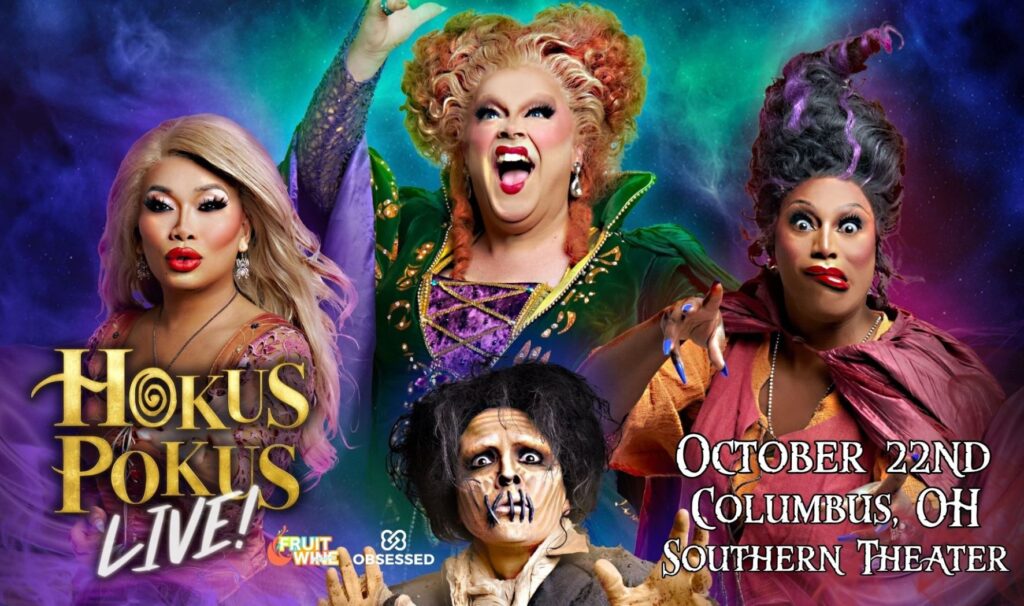 Hokus Pokus LIVE! event feature with a background of the drag queens dressed as the Hocus Pocus cast and galactic colors.