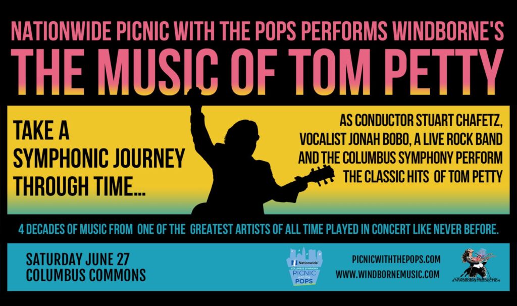 Columbus Symphony's Picnic with the Pops Tom Petty event with a pink, yellow and blue background.