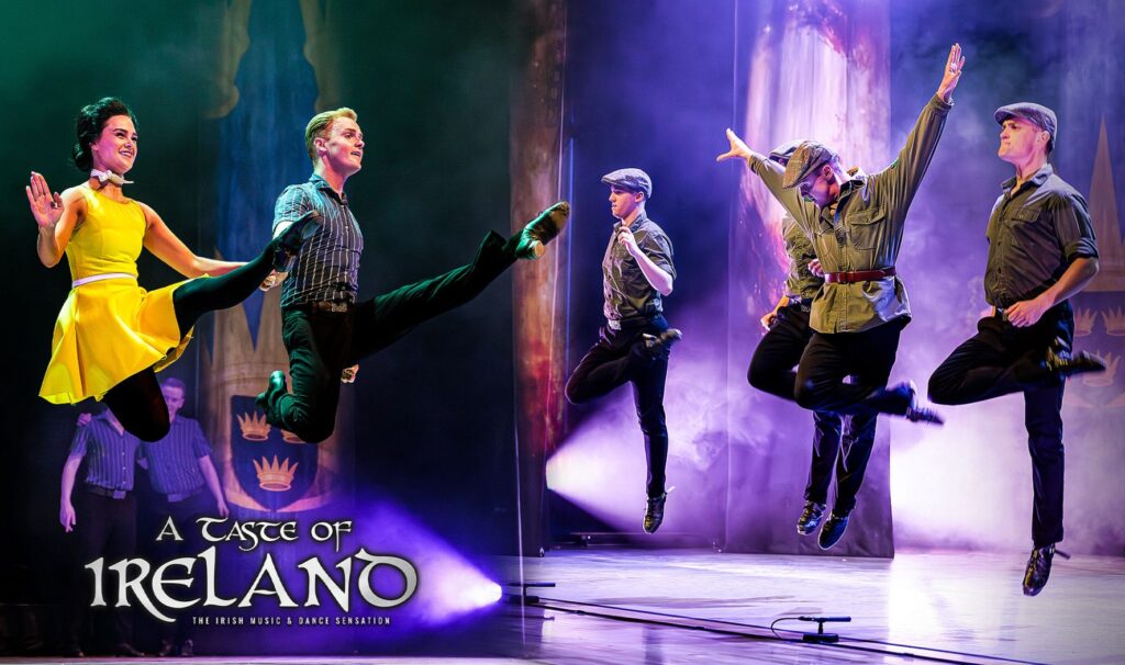 Main graphic for A Taste of Ireland event with people Irish dancing.