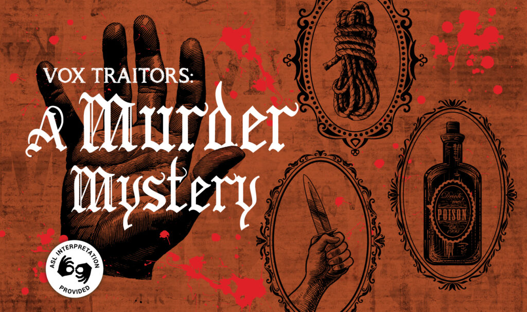 Columbus Gay Men's Choir season event VOX Traitors: A Murder Mystery with poison, a knife and a rope in the background.