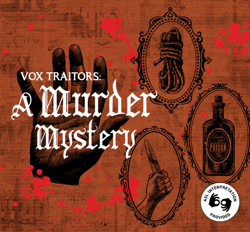 Columbus Gay Men's Choir season event VOX Traitors: A Murder Mystery with poison, a knife and a rope in the background.